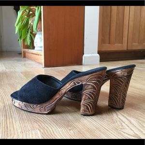 Brazilian Hand Carved Wood And Black Suede Heels 9